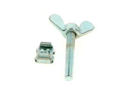 Befestigungsset von Bosch, bestehend aus einer Schraube mit Flügelscheibe und einer dazugehörigen Unterlegscheibe aus Metall.